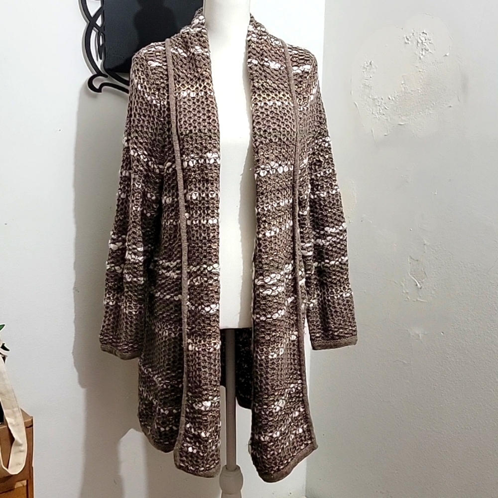 Lane Bryant Women's Brown With Gold Long Open Cardigan Knit Sweater Size 14/16